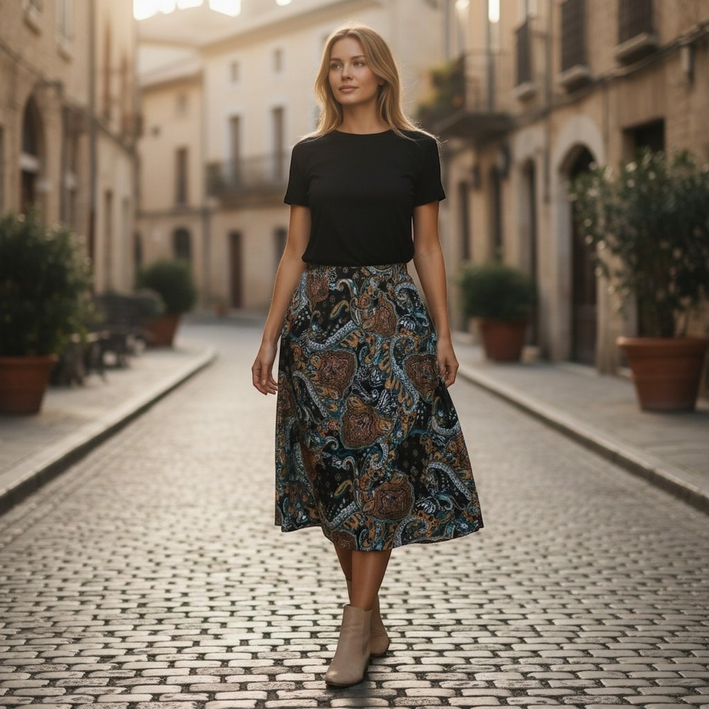 BFA Classics Paisley Midi Skirt XL Black Teal Boho A-Line Elastic Waist W70689